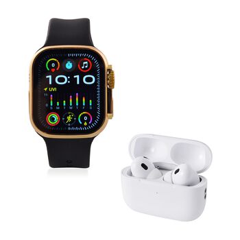 I20 Ultra 2 Max Suit - 10-in-1 Smartwatch-Komplettset mit Smartwatch, Gold-Drehkrone, Kopfh&ouml;rern, Displayschutz, Ladekabel und 7 Wechselarmb&auml;ndern, goldfarben