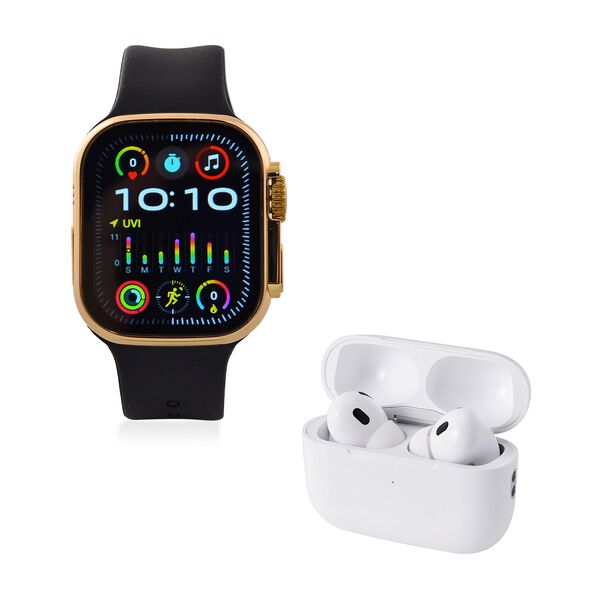 I20 Ultra 2 Max Suit - 10-in-1 Smartwatch-Komplettset mit Smartwatch, Gold-Drehkrone, Kopfh&ouml;rern, Displayschutz, Ladekabel und 7 Wechselarmb&auml;ndern, goldfarben