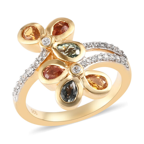 Mehrfarbiger Saphir und floraler Zirkon-Bypass-Ring, 925 Silber vergoldet, 1,56 ct. image number 4