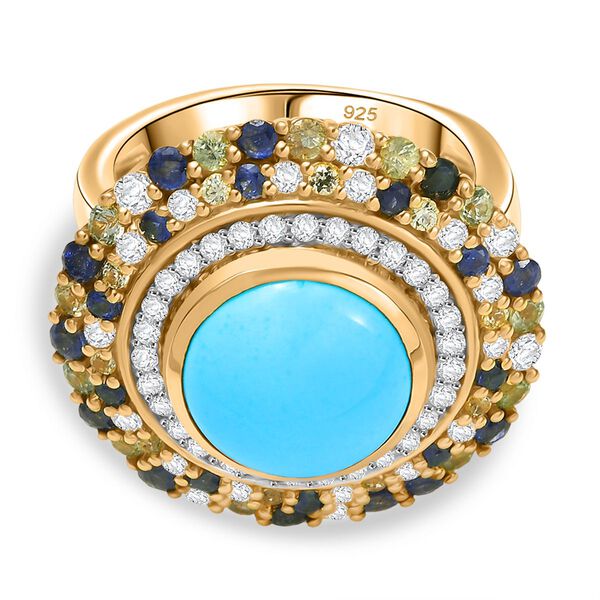 AA Sleeping Beauty T&uuml;rkis, Blauer Saphir Ring 925 Silber 750 Gelbgold Vermeil (Gr&ouml;&szlig;e 18.00) ca. 5.86 ct