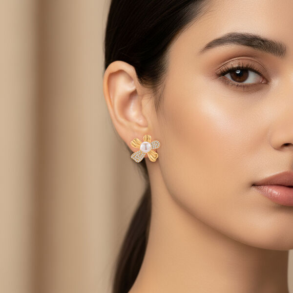 Wei&szlig;e S&uuml;&szlig;wasser Perle (6-8 mm), Wei&szlig;er Zirkonia Ohrringe Nickelfreies Messing vergoldet image number 3