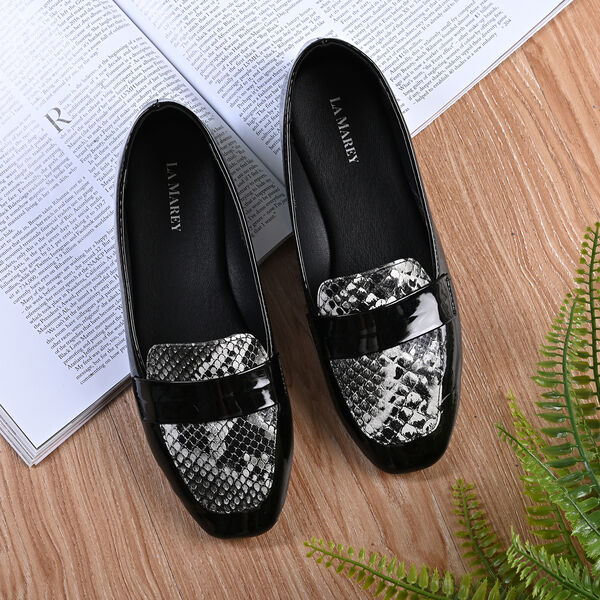 LA MAREY - Damen Mokassins, Schlangenhautmuster, Gr&ouml;&szlig;e 40, Schwarz