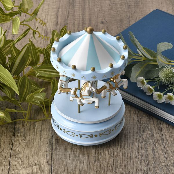 Holzkarussell Musikbox mit 4 Pferden, blau und wei&szlig; image number 2