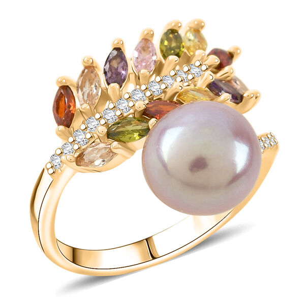Lila Süßwasser Perle, Mehrfarbiger Zirkonia Ring Nickelfreies Messing, Goldfarben, Flexibles (Größe 17.00-19.00) image number 3
