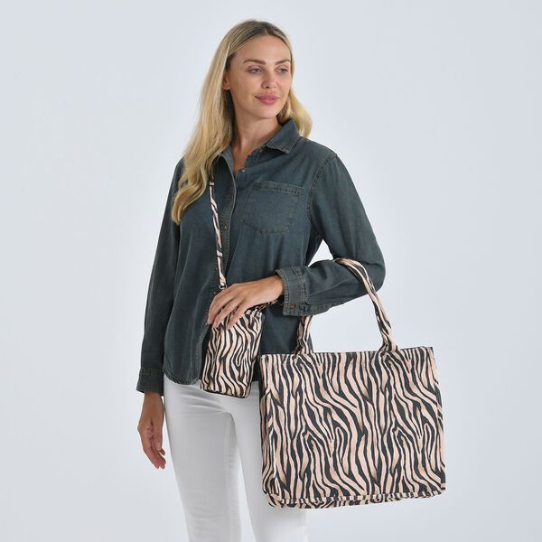 Zebra Print Design Set, Shopper und Handy Umhängetasche, 40 x 12 x 35 cm, Zebra image number 3