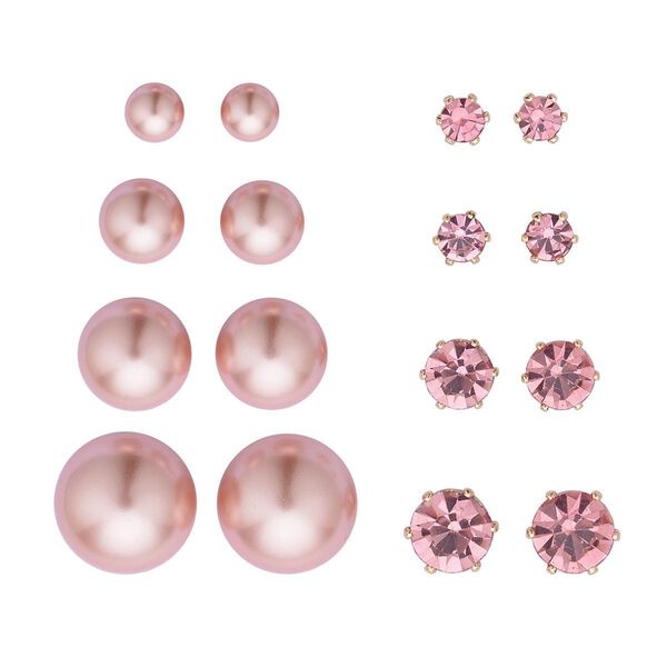 9er Set - Rosa Muschelkernperlen Ohrringen, Kristallohrringen mit Armband, Messing und Edelstahl image number 4