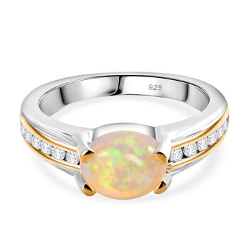 Nat&uuml;rlicher, &auml;thiopischer Opal und Zirkon-Ring, 925 Silber zweifarbiger &Uuml;berzug (Gr&ouml;&szlig;e 16.00) ca. 1.09 ct