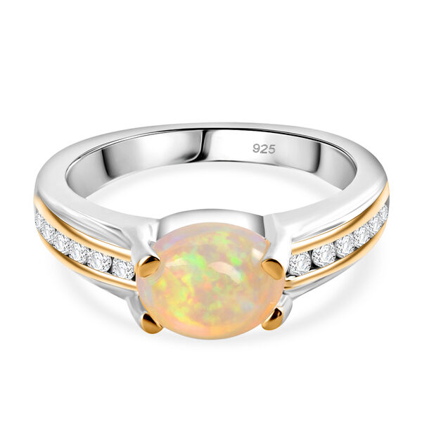 Nat&uuml;rlicher &Auml;thiopischer Opal und Zirkon Ring 925 Silber zweifarbige &Uuml;berzug