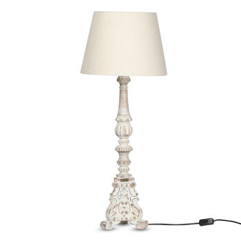 NAKKASHI - handgeschnitzte Stehlampe aus Mangoholz, inkl. Lampenschirm, wei&szlig;es Finish