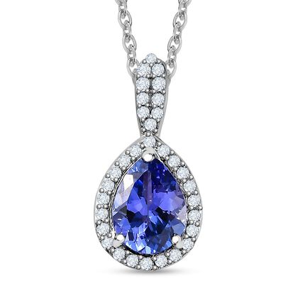 AA Tansanit, Wei&szlig;er Zirkon Anh&auml;nger mit Kette, 925 Silber platiniert ca. 1.42 ct