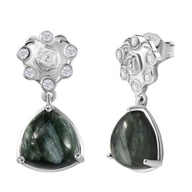 Viktorianische Blüte - Sibirischer Seraphinite, Weißer Zirkon Ohrringe, 925 Silber platiniert ca. 7.69 ct