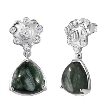 Viktorianische Bl&uuml;te - Sibirischer Seraphinite, Wei&szlig;er Zirkon Ohrringe, 925 Silber platiniert ca. 7.69 ct