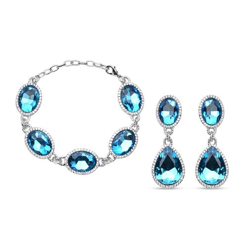 2er-Set- Aquafarbenes und weißes Glaskristall-Armband und Ohringe - 132,80 ct. image number 0