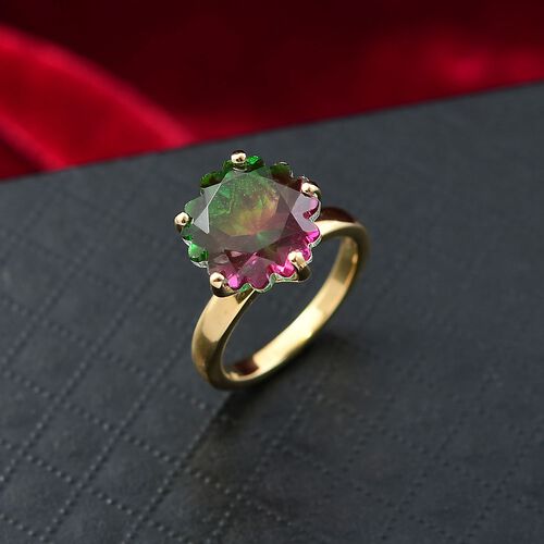 Bloom Flare - D joy Wassermelonen Quarz Triplette Ring 925 Silber 750 Gelb Vergoldet (Größe 16.00) ca. 6.46 ct image number 1