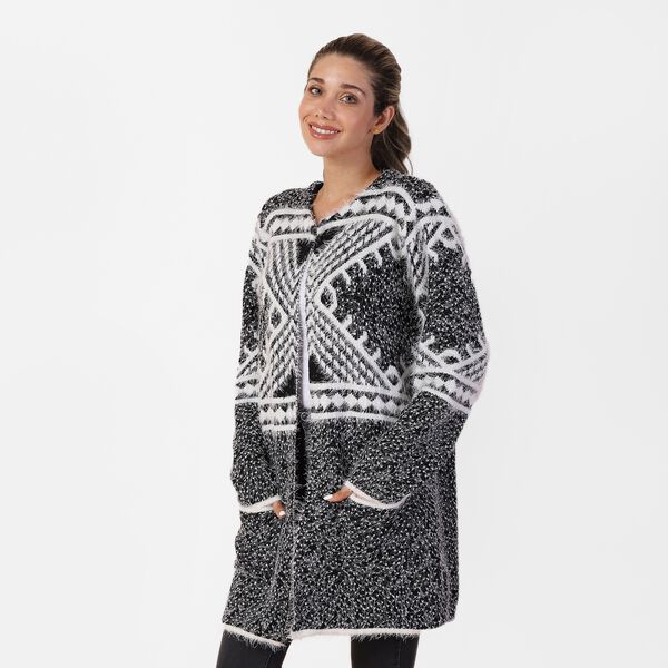 Langer Cardigan mit Taschen und Knopf, gestrickt, Einheitsgröße Geometrisch image number 2