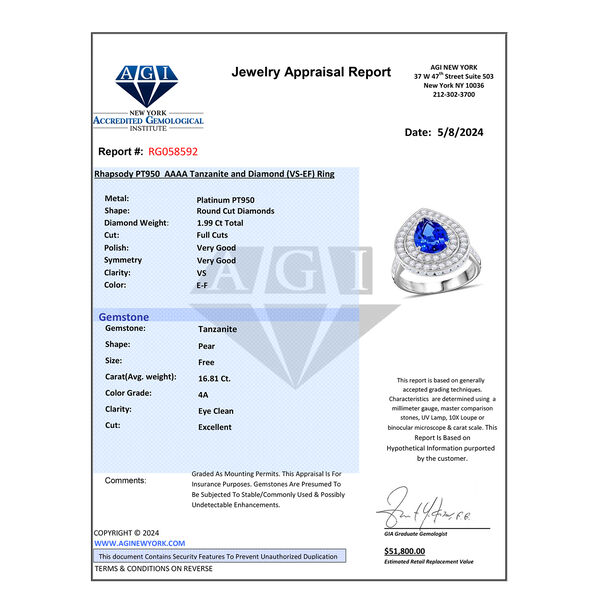 Chairman's Vault Collection - zertifiziert und geprüft RHAPSODY AAAA Tansanit und VS-EF Diamant Ring in 950 Platin - 18,80 ct. image number 10