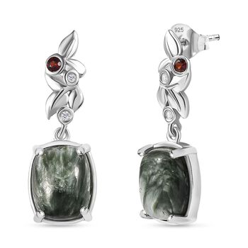 Viktorianische Bl&uuml;te - Sibirischer Seraphinite, Rote Granat Ohrringe, 925 Silber platiniert ca. 6,61 ct