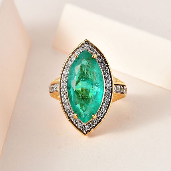 Smaragd-Quarz-Triplette, wei&szlig;er Zirkon Ring, 925 Silber Gelbgold Vermeil (Gr&ouml;&szlig;e 17.00) ca. 9.39 ct image number 2