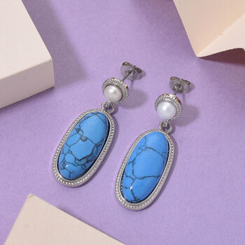 Blauer Howlit, Wei&szlig;e S&uuml;&szlig;wasser Perle Ohrringe, Silberfarben