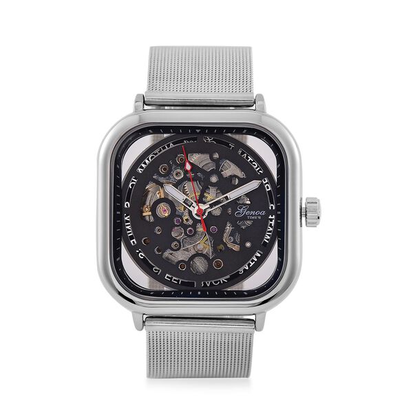 GENOA TIME V2 42mm Automatische Mechanikuhr - Schwarzes hohles Zifferblatt, Gehäuse aus Legierung mit IPS-Beschichtung, Edelstahl-Mesh-Armband,  3 ATM wasserdicht, Reiner Edelstahl 8.5 cm image number 0