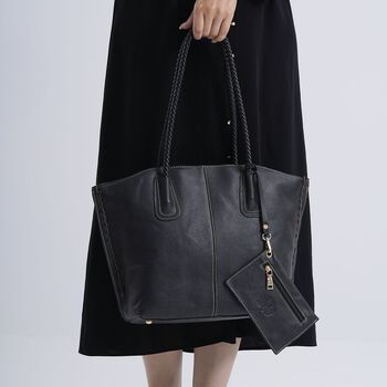 2er-Set Echtleder-Shopper, stilvolle Handtaschen mit passendem Rei&szlig;verschluss-Etui, Schwarz