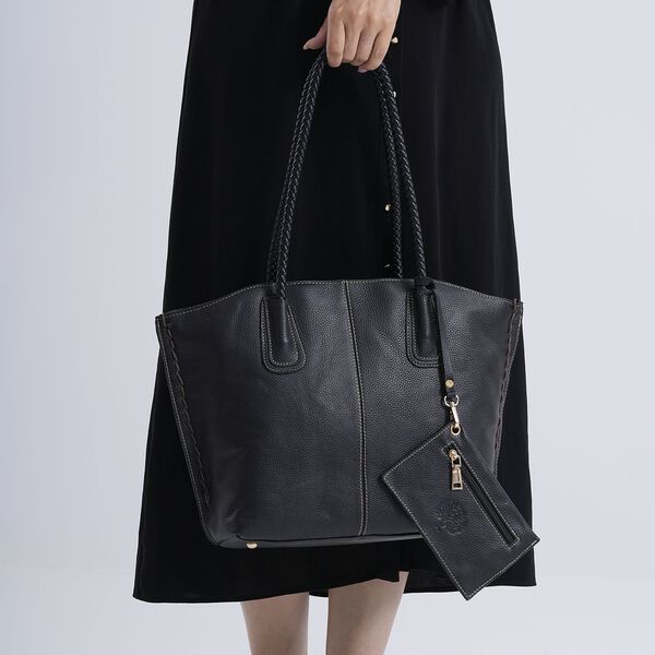 2er-Set Echtleder-Shopper, stilvolle Handtaschen mit passendem Reißverschluss-Etui, Schwarz image number 4