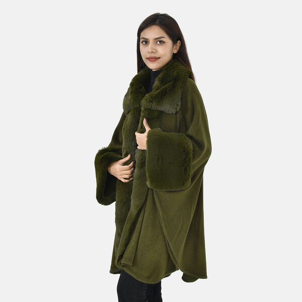 LA MAREY - Stilvoller langer Mantel mit Kunstpelzrand, 108x80cm, Grün image number 3