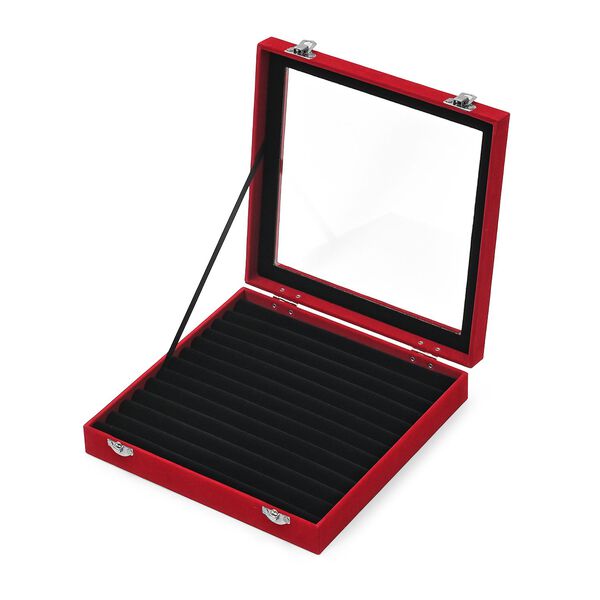 Quadratische Ringbox aus Samt mit Glasfenster und 10 Silberputztüchern, 24x24x5 cm, Weinrot image number 4