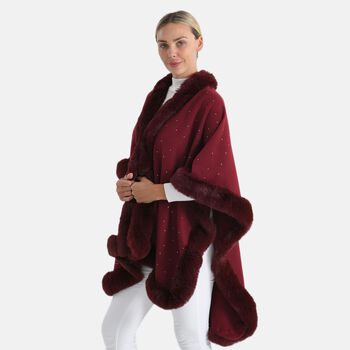 LA MAREY Poncho mit Kunstfellbesatz und Kristall-Detail, Rot, Einheitsgr&ouml;&szlig;e