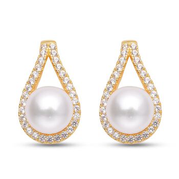 S&uuml;&szlig;wasserperlen und wei&szlig;e Zirkon-Ohrringe, 925 Silber vergoldet ca. 1,00 ct