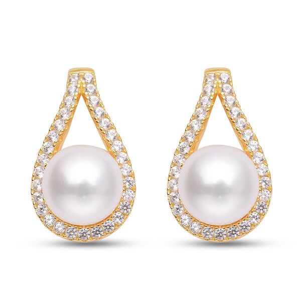 S&uuml;&szlig;wasserperlen und wei&szlig;e Zirkon-Ohrringe, 925 Silber vergoldet ca. 1,00 ct