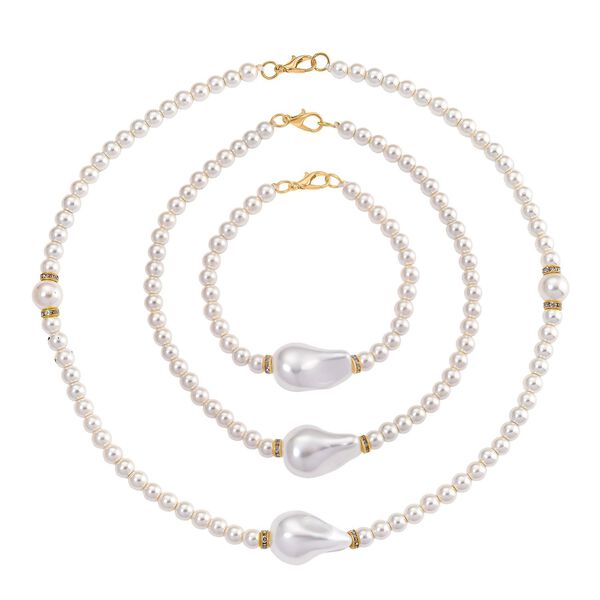 3er Set Wei&szlig;e Muschelkernperlen-Schmuckst&uuml;cke, bestehend aus Armband (ca. 19 cm) und zwei Halsketten (ca. 40 cm und 50 cm), gelb vergoldet image number 4