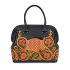 GRAND PELLE Elite Kollektion- Handgravierte Premium-Lederhandtasche im Handgepäckstil mit floralem Kunstwerk, Größe 28 x 25 x 15 cm, schwarz