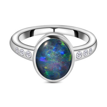 Boulder Opal Triplett und wei&szlig;er Zirkon-Ring, 925 Silber platiniert (Gr&ouml;&szlig;e 16.00) ca. 1,86 ct