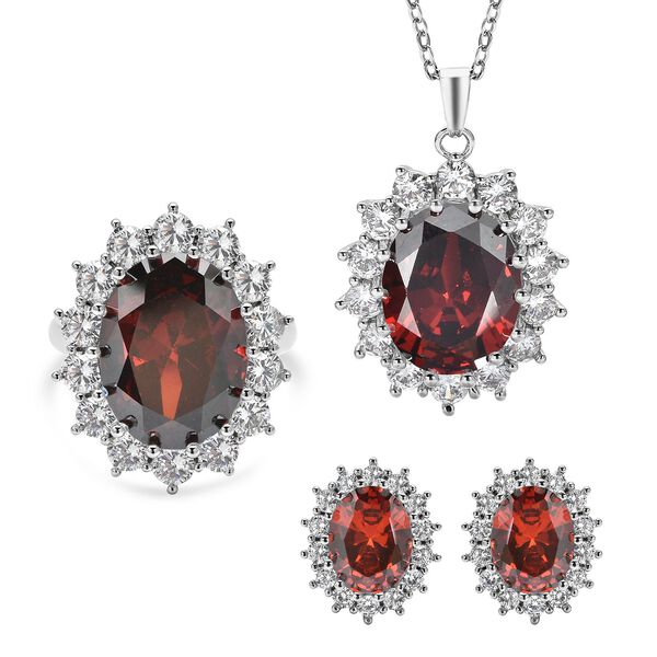 3er-Set- Roter und wei&szlig;er Zirkonia-Ring, Anh&auml;nger und Ohrringe - 27 ct.