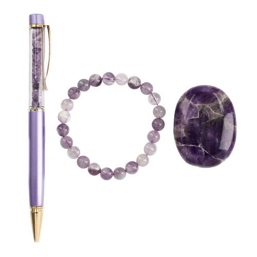 3er Exklusives Geschenkset – Amethyst: Handschmeichler, Armband und Kugelschreiber mit Kristallkugel image number 0