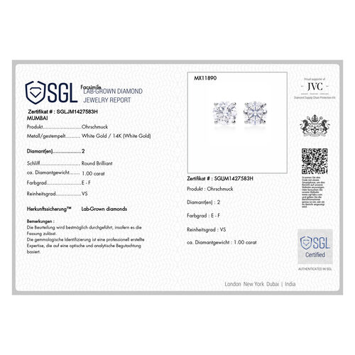 LUXURIANT DIAMOND- SGL zertifizierte VS-EF Labor Diamant Ohrringe in 585 Weißgold - 1 ct. image number 5
