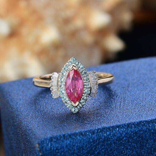 LUXORO zertifiziert und gepr&uuml;ft AAAA Padparadscha Saphir, Paraiba Turmalin und Diamant Ring in 585 Gold - 1,56 ct. image number 1
