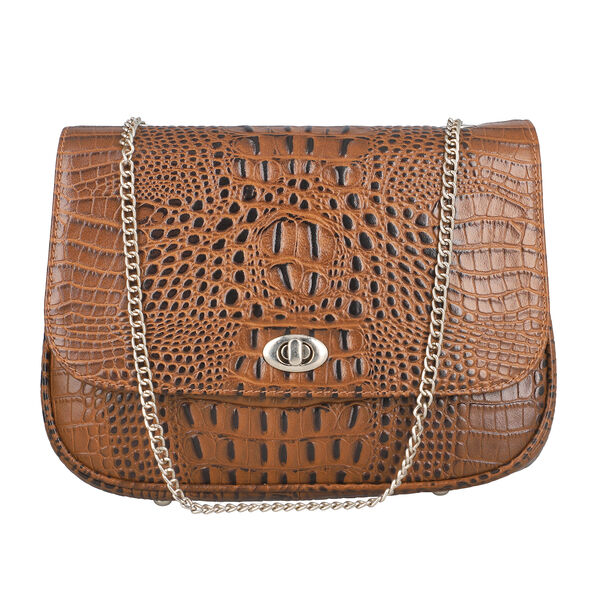 Umh&auml;ngetasche aus echtem Leder mit Kroko-Pr&auml;gung und Kettenriemen, Braun