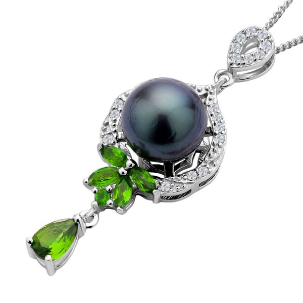 Tahiti Perle, nat&uuml;rlicher Chromdiopsid Anh&auml;nger mit Kette im Schmuckset 925 Silber rhodiniert ca. 1.01 ct image number 3