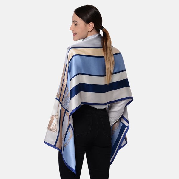 LA MAREY: Bedruckter Schal aus 100% Maulbeerseide, Streifenmuster und Pferd, inkl. Geschenkbox, Blau-Braun&nbsp; image number 2