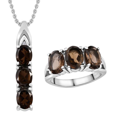 2er Set - Rauchquarz Anhänger und Ring, Edelstahl ca. 7.76 ct image number 0