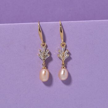 Pfirsich-S&uuml;&szlig;wasser Perle (7-9 mm), Wei&szlig;er Zirkonia Ohrringe Nickelfreies Messing vergoldet