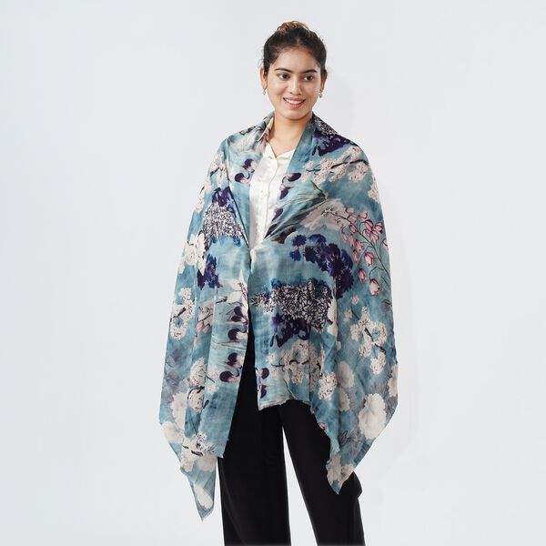 LA MAREY Schal aus 100% Premium-Kaschmir mit Digitaldruck, 70x200cm, graublau gebl&uuml;mt image number 7