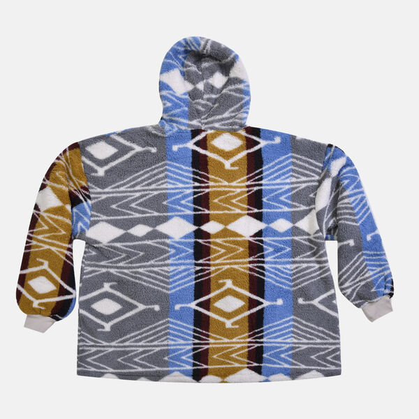 Wolkenweicher Sherpa-Hoodie mit Aztekenmuster, Blau-Grau-Senfgelb, Einheitsgröße  image number 3