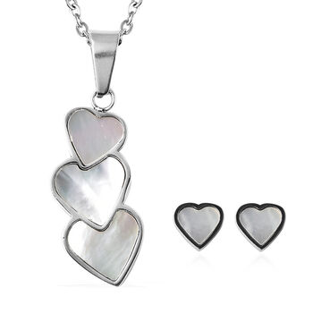 2er-Set Wei&szlig;es Perlmutt Ohrstecker und Anh&auml;nger mit Kette ca. 50 cm in Edelstahl