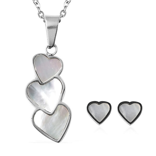 2er-Set Wei&szlig;es Perlmutt Ohrstecker und Anh&auml;nger mit Kette ca. 50 cm in Edelstahl