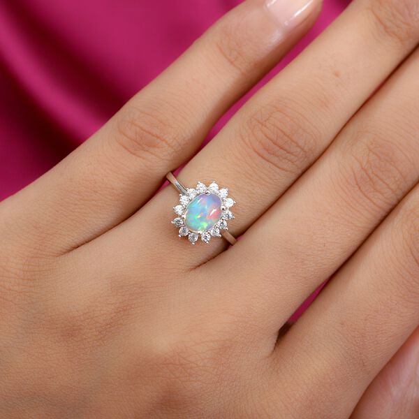 Nat&uuml;rlicher &Auml;thiopischer Opal und Zirkon Halo Ring 925 Silber Platin-&Uuml;berzug image number 3