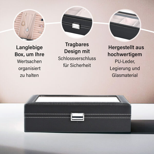 Schmuckorganizer aus Kunstleder mit Glasdeckel, 30x20x8,5cm, Schwarz image number 4