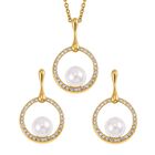 3er Set Weiße Muschelkernperle Schmuckset mit Kette und Ohrringe, Reiner Edelstahl